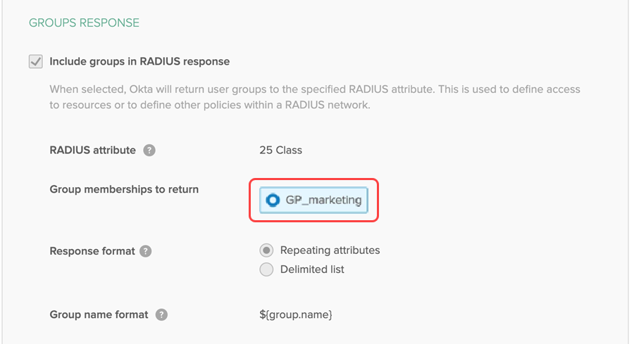 Assigning a group response to a known Okta group.