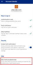 Troubleshooter in Okta Verify for Android.