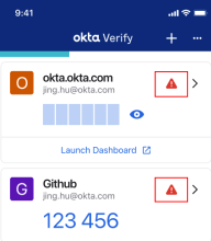 Example of warnings that can appear on the Okta Verify accounts page