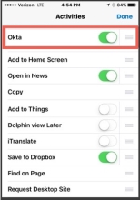 Okta extension in the list of Safari options