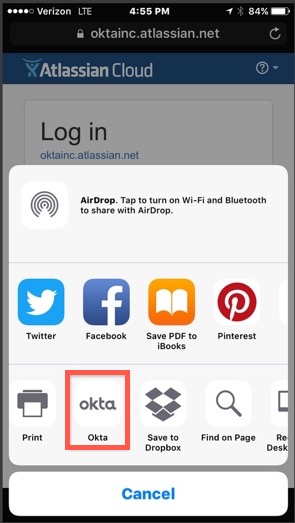 Okta extension in the Open In menu