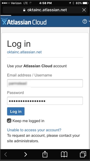 App sign-in credentials filled in by Okta