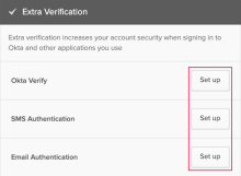 ［Settings（設定）］の［Extra Verification（追加認証）］セクションで利用可能な認証方法