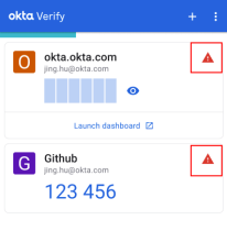 Okta Verifyアカウントのページに表示される警告の例