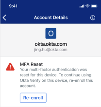 MFAがリセットされ再登録が要求された場合に表示されるOkta Verifyメッセージの画像です。