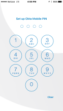 ［Okta Mobile PIN setting （Okta MobileのPIN設定）］ウィンドウ。
