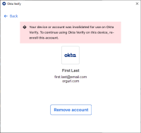 スクリーンショットで、 [Re-enroll (再登録)]ボタンのない[Account Details (アカウント詳細)]の画面のエラーメッセージを確認できます。