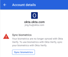 生体認証が同期されていない場合に表示されるOkta Verifyメッセージの画像です