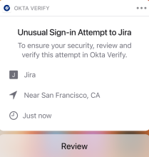 不審なサインイン試行が検出されたときのOkta Verifyプッシュ通知