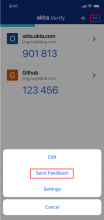 Okta Verifyメニューの Send Feedback (フィードバックを送信) オプション