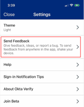 Okta Verify [Settings（設定）] ページの Send Feedback (フィードバックを送信) オプション