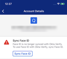 Face IDが同期されていない場合に表示されるOkta Verifyメッセージの画像です
