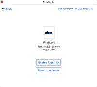 スクリーンショットでは、macOSデバイス用の［Account Details（アカウントの詳細）］の画面にある［Set as default for Okta FastPass（Okta FastPassのデフォルトに設定する）］リンクを確認できます。