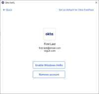スクリーンショットでは、[Account Details（アカウントの詳細）]の画面にあるWindowsデバイス用の「Okta FastPassのデフォルトとして設定」のリンクを確認できます。