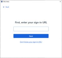 画像は、Windowsの「First, enter your sign-in URL (はじめにサインインURLを入力する)」の画面です。