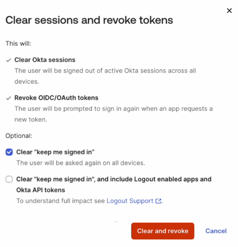Boîte de dialogue Effacer les sessions et révoquer les jetons dans la Admin Console
