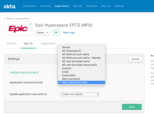 Epic Hyperspaceアプリケーション内で、認証情報の詳細としてOktaユーザー名プロファイルを選択し、［Save（保存）］をクリックします。