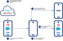 MDMマネージドiOSデバイスのネイティブアプリとSafariに対してOkta Device Trustを強制適用する方法を示す図。