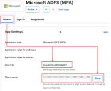 ［Client ID（クライアントID）］フィールドと［Client secret（クライアントシークレット）］フィールドが表示されている、Microsoft ADFSアプリケーションの［一般］オプションMFA as a service（サービスとしてのMFA）を構成するには、この2つのフィールドの値が必要です。