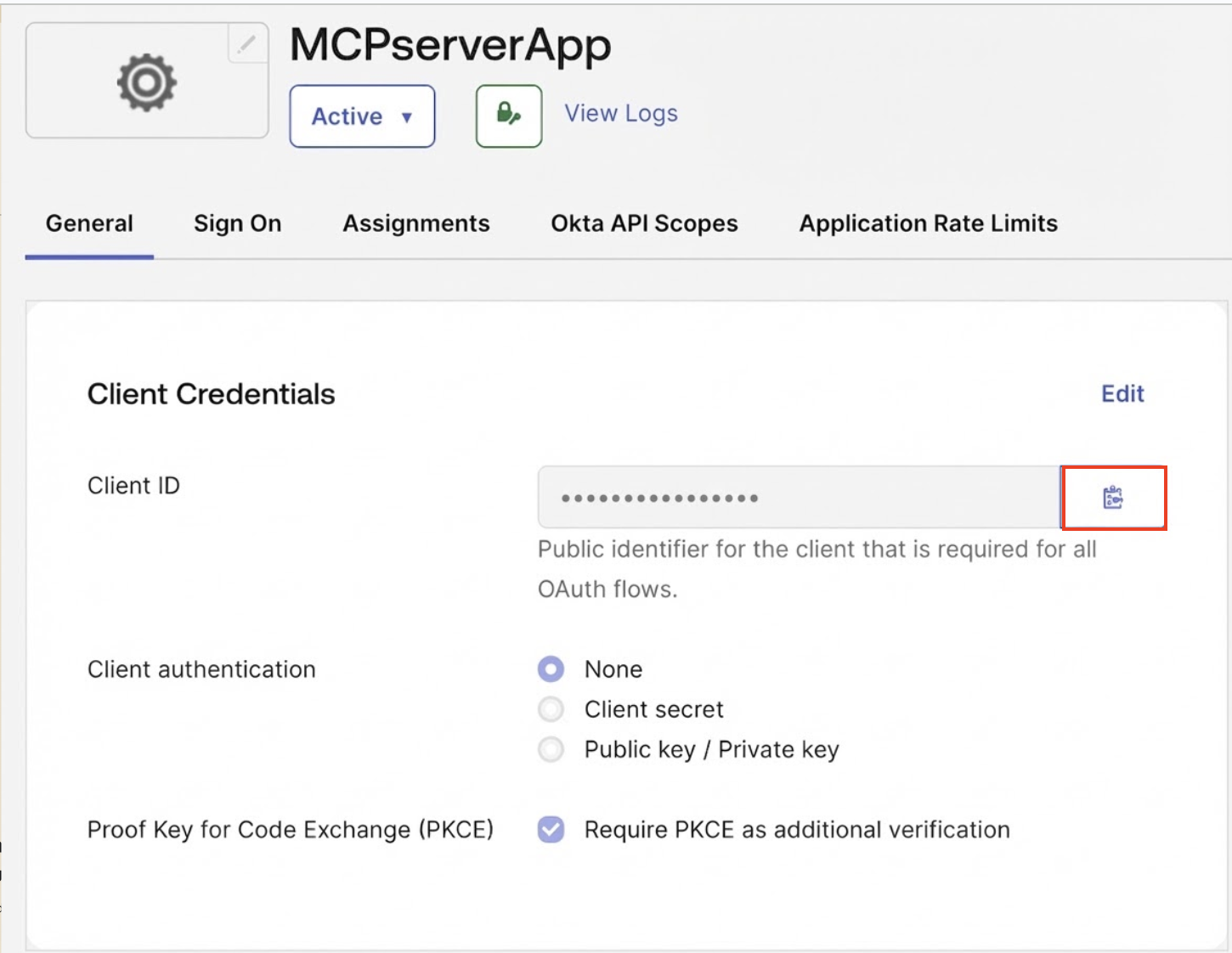 Okta Admin Console showing client ID to copy