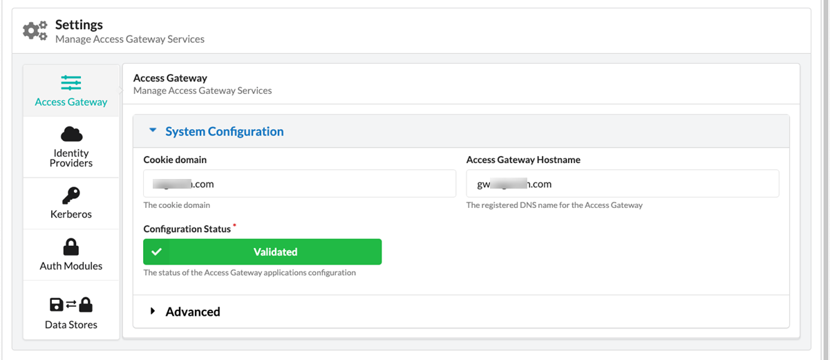 The settings tab allows you to specify global Access Gateway settings, including your Okta org identity provider, Kerberos, Auth module and Data store settings.