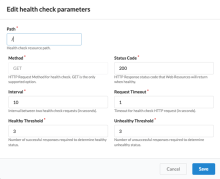 The load balancer edit health check dialog showing default values.