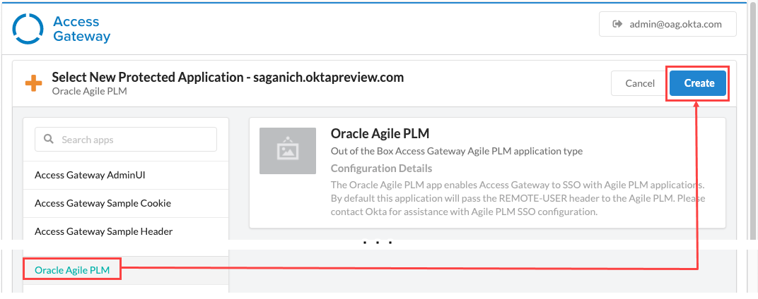Select Oracle Agile PLM app and click create.
