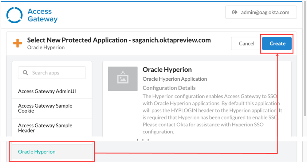 Select Oracle Hyperion based app and click create.
