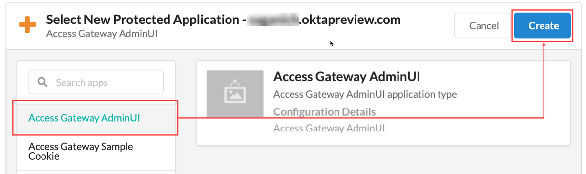 Access Gateway 管理者UIを選択し、[Create（作成）]をクリックします。 