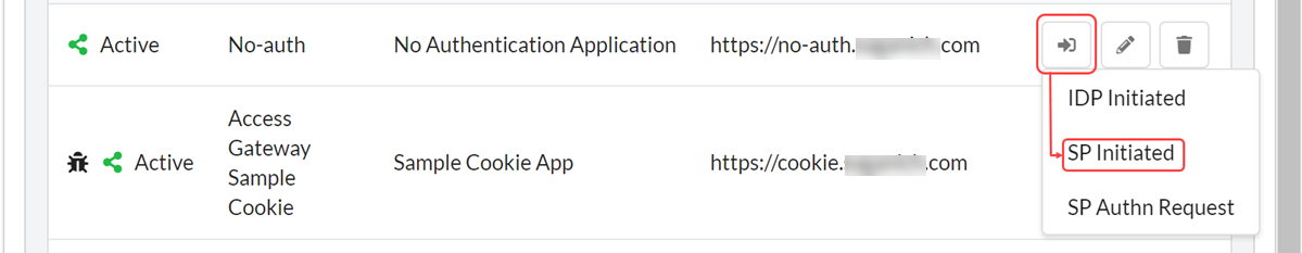 ［Goto application（アプリケーションに進む）］>［SP Initiated（SP開始）］メニューを使って認証なしアプリケーションをテストします。