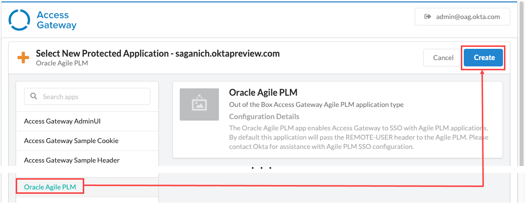 ［Oracle Agile PLM app（アプリ）］を選択し、［create（作成）］をクリックします。