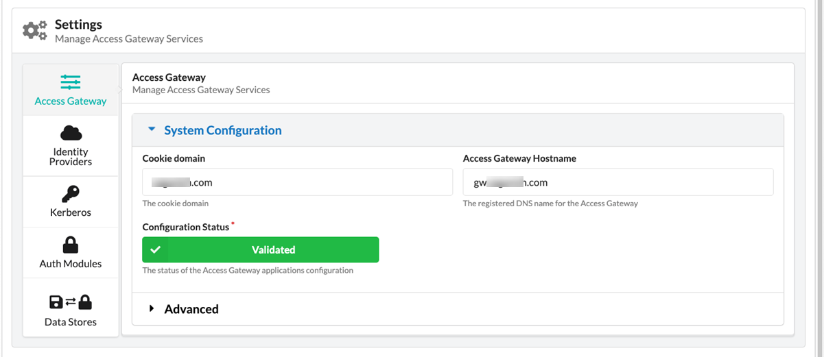 ［Settings（設定）］タブを使用すると、グローバルなAccess Gatewayの設定（Okta org IDプロバイダー、Kerberos、Authモジュール、データストアの設定など）を指定できます。