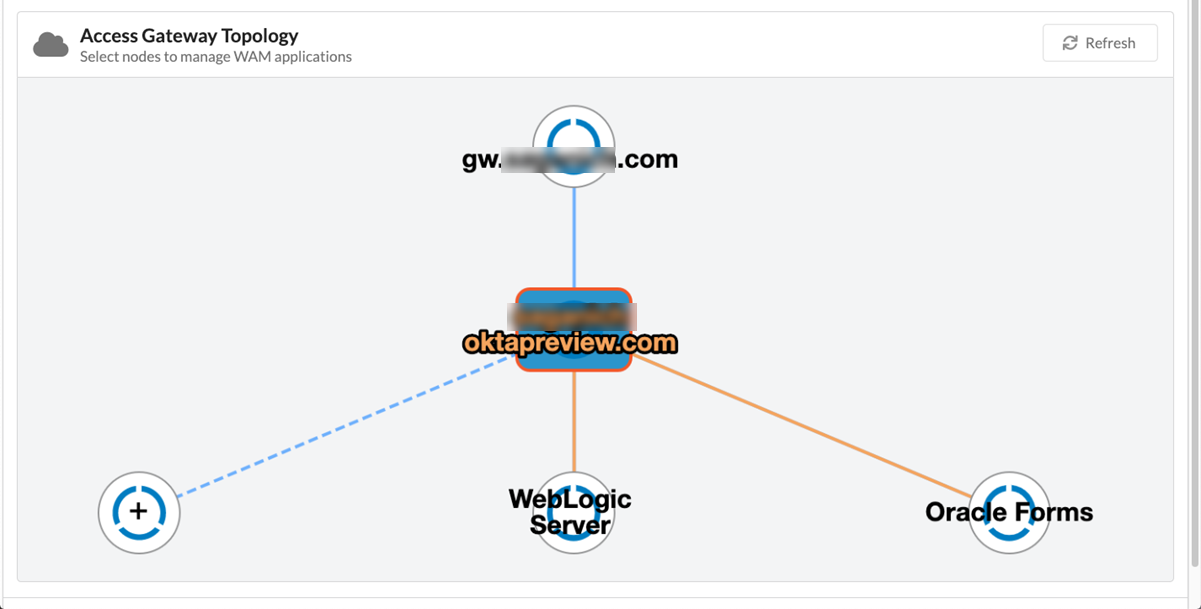 トポロジタブは、Access Gatewayを使わずに構成されたすべてのIDPと、子アプリケーションの視覚的に表示します。