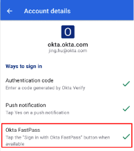 Okta FastPass sign-in option on the Account details page in Okta Verify