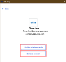 The screenshot shows the Okta Verify account details for Windows devices.