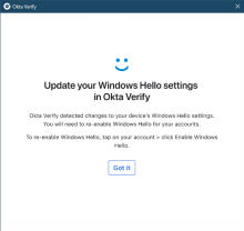The image shows the Update your Windows Hello settings in Okta Verify screen for Windows.