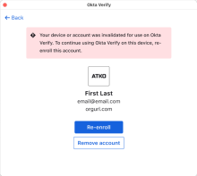 The screenshot shows the notification message that your device or account was invalidated for use on Okta Verify and the new Re-enroll button.