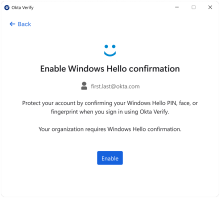 Okta Verify prompts users to enable Windows Hello confirmation.