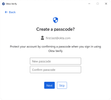 Okta Verify prompts users to create a passcode.