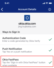 Okta FastPass sign-in option on the Account Details page