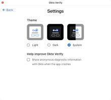 The screenshot shows the Okta Verify settings that are available on macOS devices.