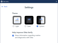 The screenshot shows the Okta Verify settings that are available on Windows devices.
