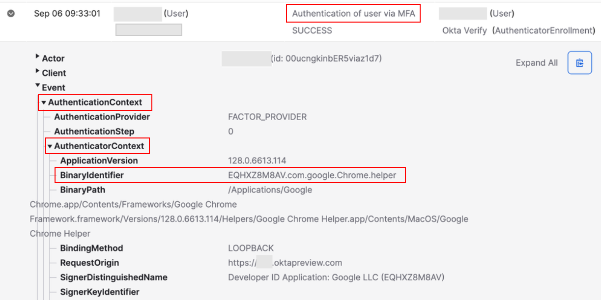 BinaryIdentifier information in the System Log.