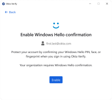 Okta&nbsp;Verify invite les utilisateurs à activer la confirmation Windows Hello.