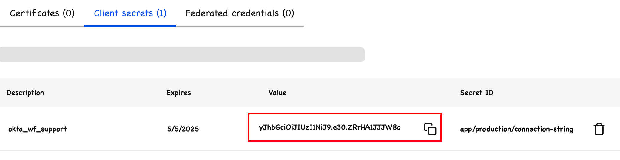 Copy the client secret in Microsoft Entra ID