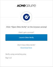 このスクリーンショットは、ユーザーが［Sign in using Okta Verify on this device（このデバイスでOkta Verifyを使用してサインインする）］ボタンをクリックした後のOkta Sign-in Widgetの画面を示しています。