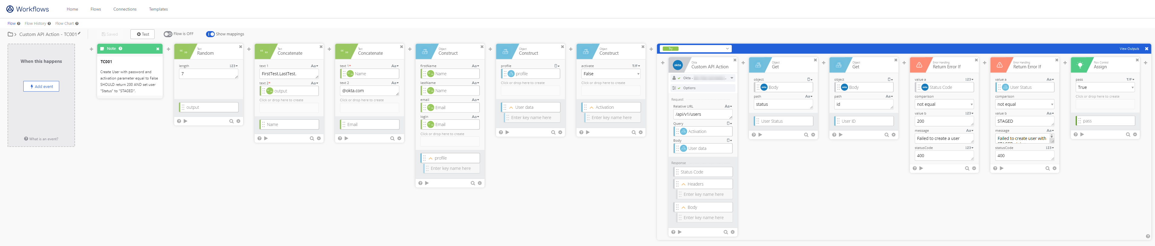 Test case flow showing the user creation action with the "Try" option for the "If Error" card.