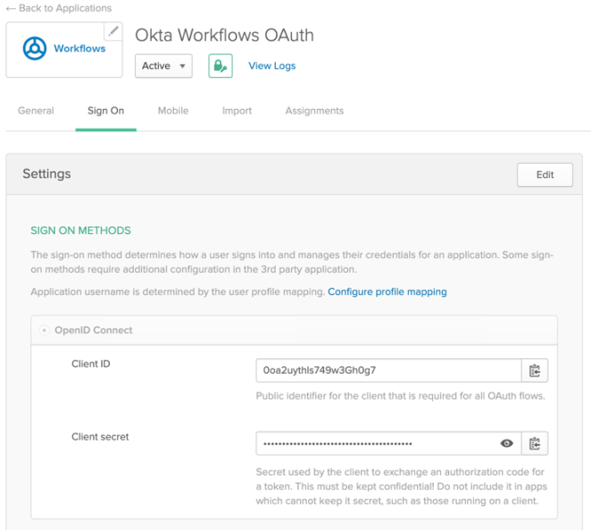 Okta Workflows OAuthアプリケーションのどこにクライアントIDとクライアント シークレットがあるかを示したスクリーンショット